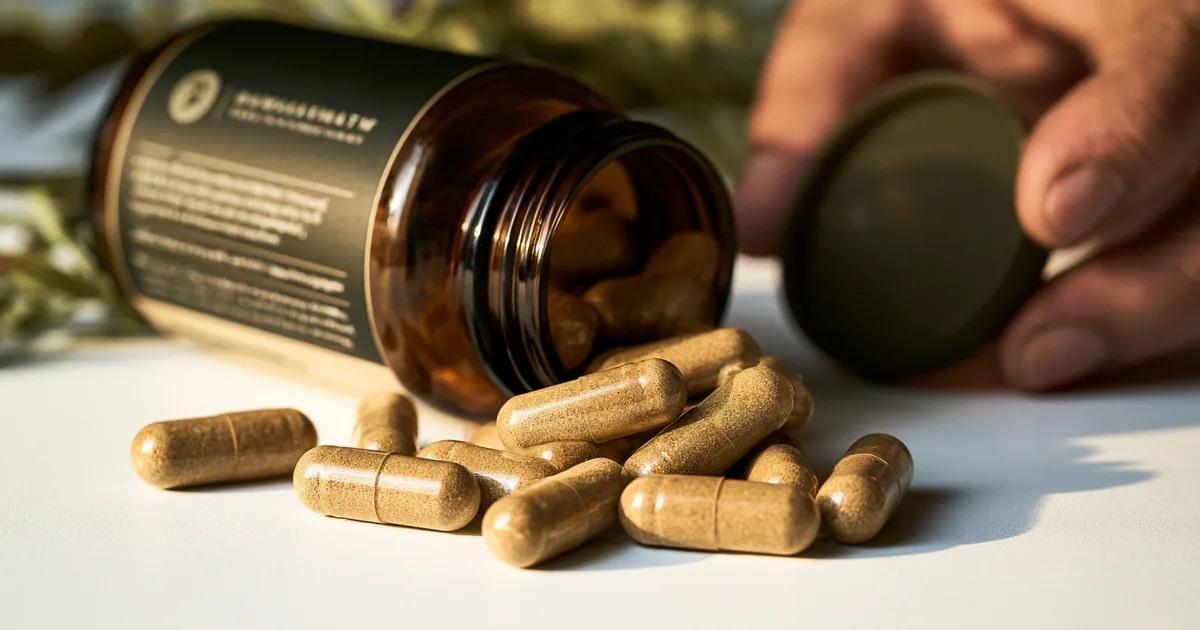 Gélules de booster de testostérone et étiquette détaillant les dosages des actifs